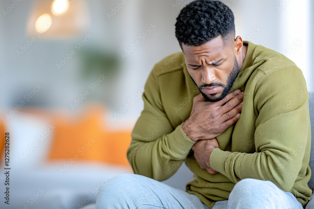 Man experiencing chest pain, home, blurred background, medical illustration Man experiencing chest pain, home, blurred background, medical illustration