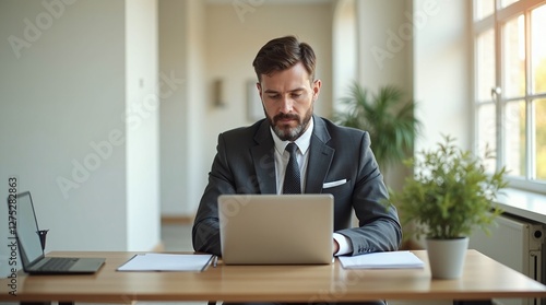 A businessman  in the office with a laptop.