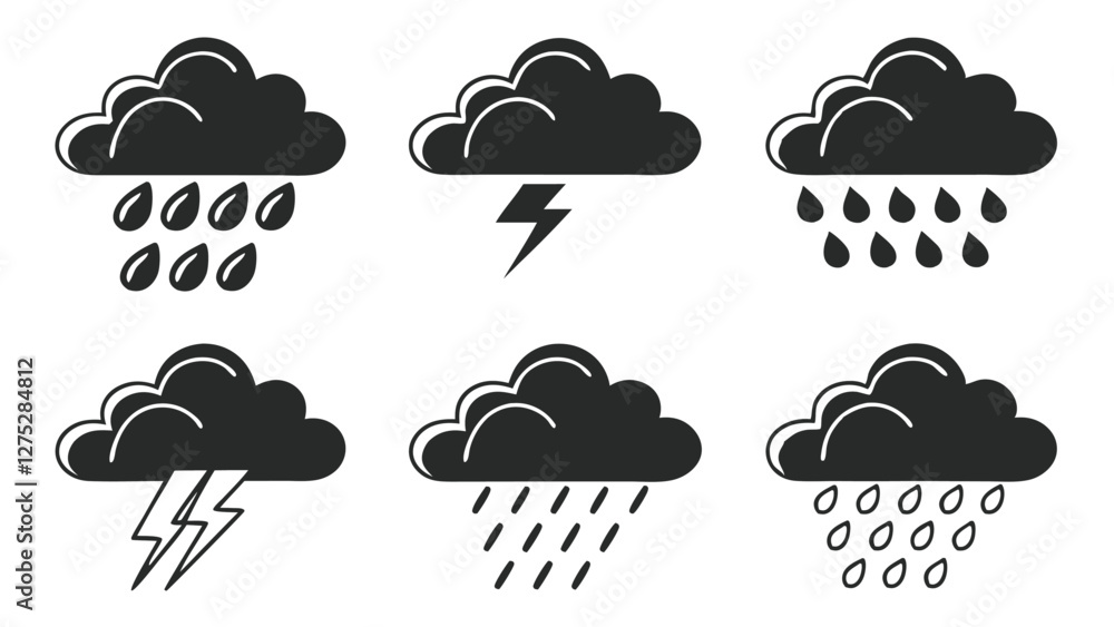 Blue Cloud Icon Set with Rain and Weather Symbols on Transparent Background Blue Cloud Icon Set with Rain and Weather Symbols on Transparent Background