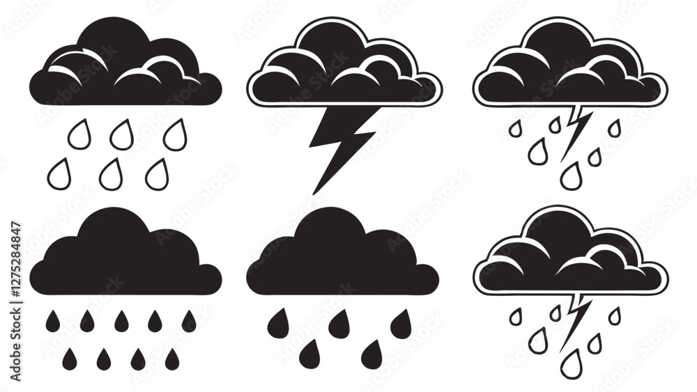 Blue Cloud Icon Set with Rain and Weather Symbols on Transparent Background Blue Cloud Icon Set with Rain and Weather Symbols on Transparent Background