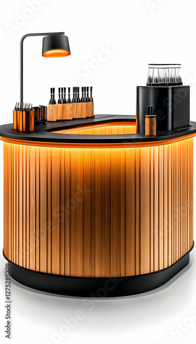 Modern curved bar counter with warm lighting, event setup
