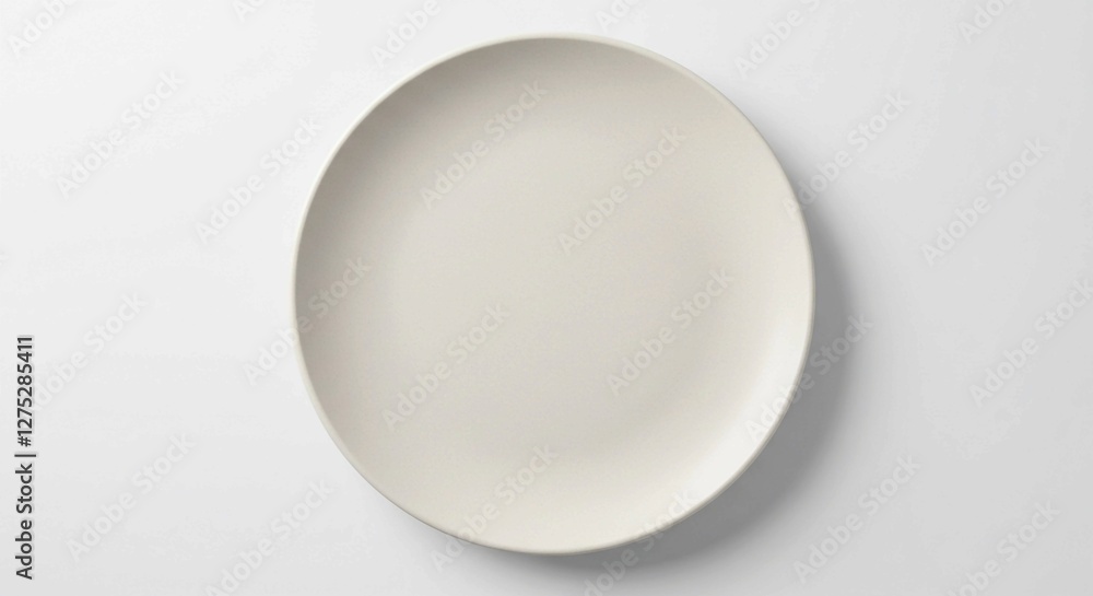 A plain white dinner plate, centered on a white background, embodies minimalist design and is ideal for food photography A plain white dinner plate, centered on a white background, embodies minimalist design and is ideal for food photography