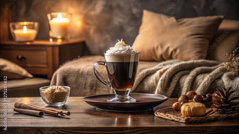 Fototapeta premium Cozy Evening with Whipped Coffee and Sweet Treats on a Wooden Table