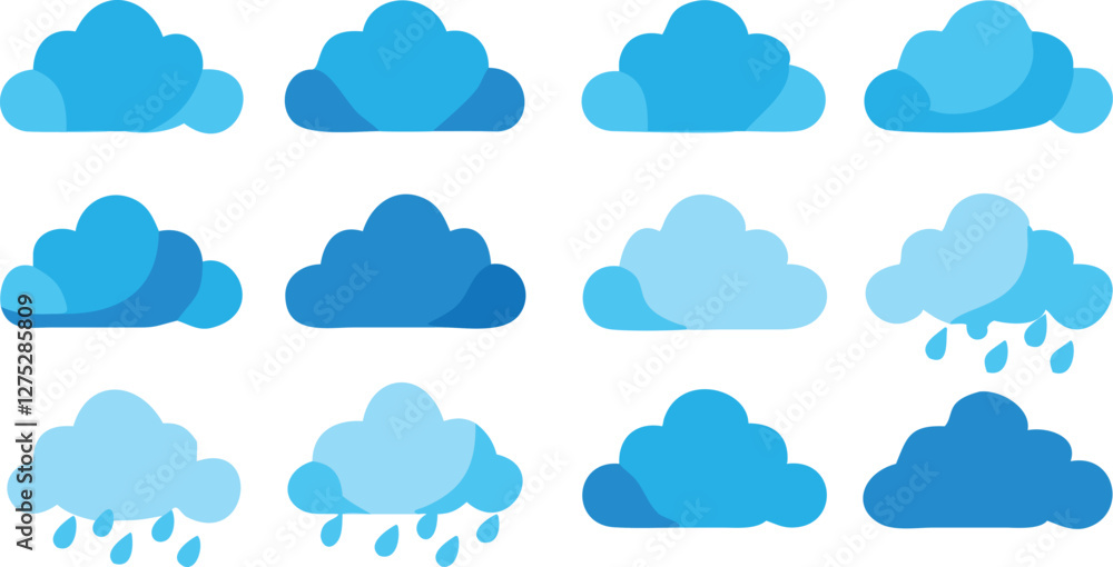 Blue Cloud Icon Set with Rain and Weather Symbols on Transparent Background Blue Cloud Icon Set with Rain and Weather Symbols on Transparent Background