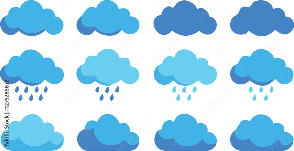 Blue Cloud Icon Set with Rain and Weather Symbols on Transparent Background Blue Cloud Icon Set with Rain and Weather Symbols on Transparent Background