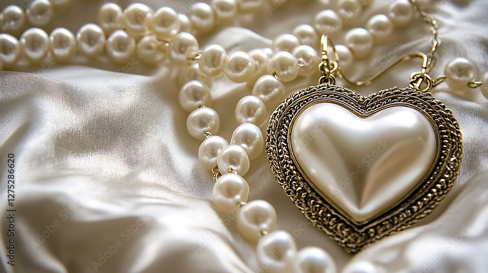 Obraz premium Elegant pearl necklace with heart pendant on satin