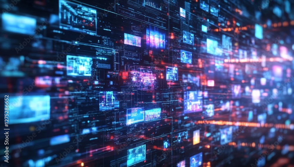 Digital data streams flow across a futuristic wall Digital data streams flow across a futuristic wall