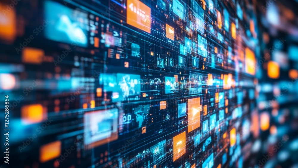 Digital data streams flow on futuristic wall, glowing, background blurred Digital data streams flow on futuristic wall, glowing, background blurred