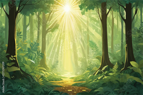 golden rays cascade through verdant tapestry of a lush woodland, casting ethereal patterns of luminescence upon enchanted forest floor