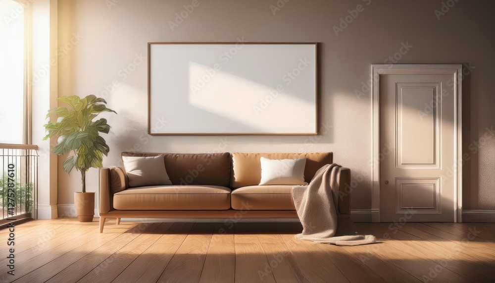 Elegant Room Illuminated by Sunlight Spacious Living Space Featuring a Classic Picture Frame, Cozy Sofa, and Hardwood Parquet Floor Perfect for Home Decor and Interior Design Inspiration Elegant Room Illuminated by Sunlight Spacious Living Space Featuring a Classic Picture Frame, Cozy Sofa, and Hardwood Parquet Floor Perfect for Home Decor and Interior Design Inspiration