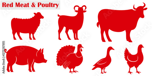 Red Meat and Poultry silhouette vector consists of beef, goat meat, pork, chicken, duck meat, and turkey meat
