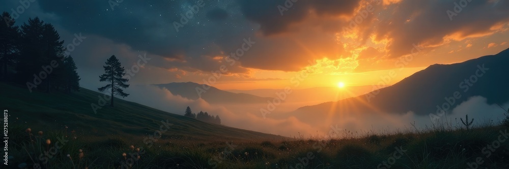 Fototapeta premium Starlight descends upon a quiet landscape with golden glow, mystical, misty, starlight