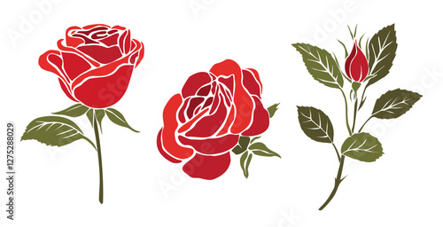 Set of decorative fresh blossoming red rose flowers with steam and leaves. Hand drawn colorful flower icon. Vector cut out illustration clipart isolated
