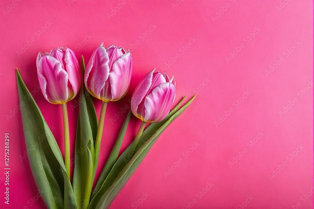 Fototapeta premium Three pink tulips are arranged in a row on a pink background