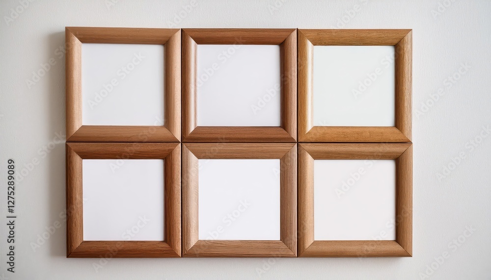 Four Square Oak Wooden Frames Arranged on a White Wall Elegant Organic Warmth and Simplicity Amidst Clean Lines and Minimalist Aesthetic, Perfect for Artwork Display or Home Decor Inspiration. Four Square Oak Wooden Frames Arranged on a White Wall Elegant Organic Warmth and Simplicity Amidst Clean Lines and Minimalist Aesthetic, Perfect for Artwork Display or Home Decor Inspiration.