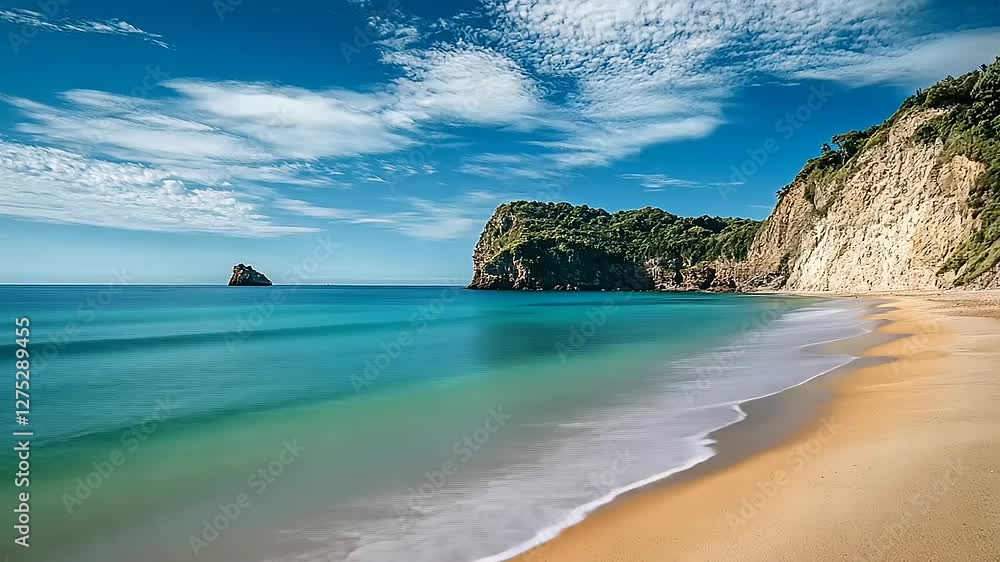 A serene beach scene with calm waters, cliffs, and a clear blue sky. A serene beach scene with calm waters, cliffs, and a clear blue sky.