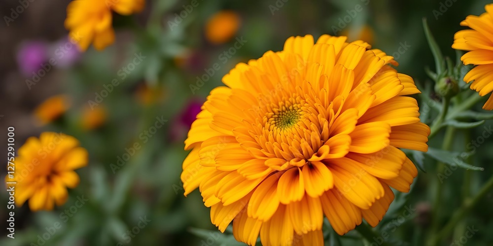 Fototapeta premium Close up view of a terry marigold flower showing delicate petals and vibrant colors, beauty, garden