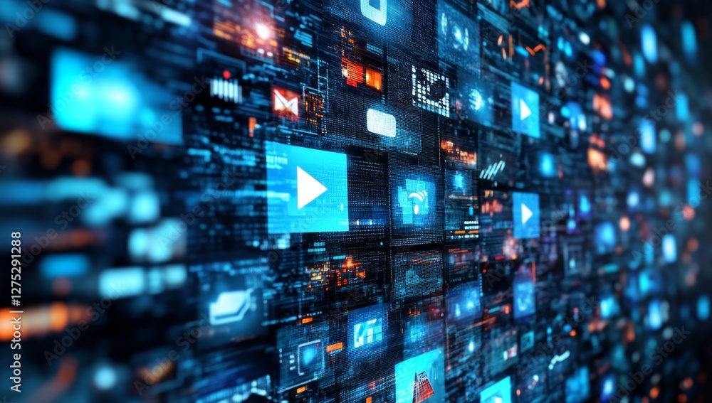 Digital video wall streaming data, futuristic tech background Digital video wall streaming data, futuristic tech background