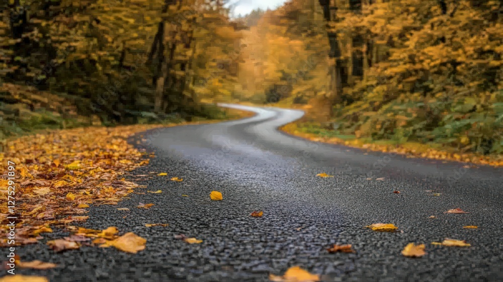 Winding Asphalt Road Through Autumn Forest with Golden Leaves Winding Asphalt Road Through Autumn Forest with Golden Leaves
