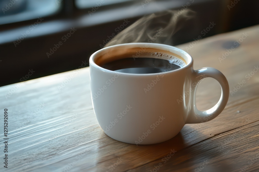 A steaming hot cup of black coffee in a simple white ceramic mug, placed on a wooden table.