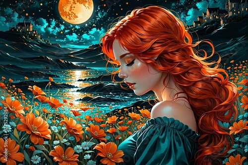 A woman with long red hair is standing in a field of flowers