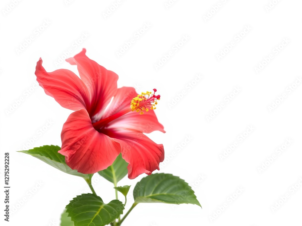 Fototapeta premium Close up of vibrant red hibiscus flower petals and delicate yellow stamen on a white background, hibiscus, red