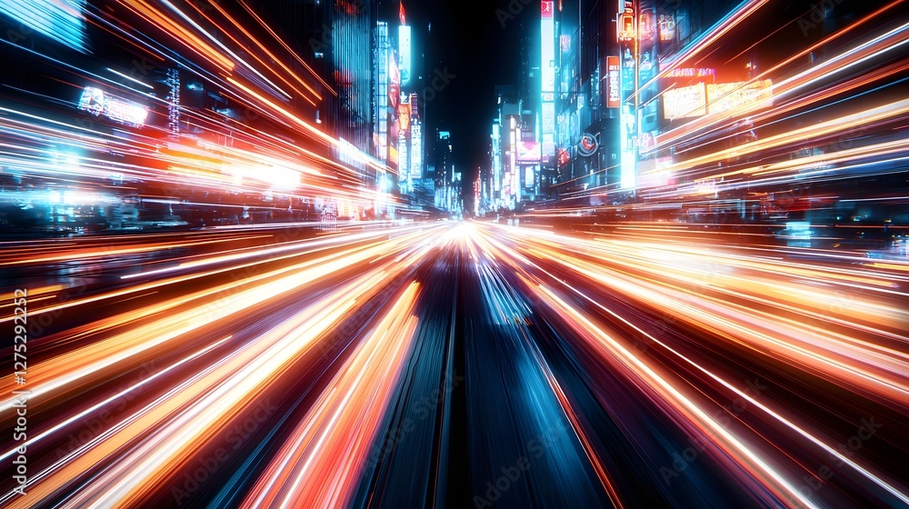A surreal night time street scene with luminous trails of speeding lights weaving through a bustling city filled with holographic advertisements glowing signs and a high speed urban energy A surreal night time street scene with luminous trails of speeding lights weaving through a bustling city filled with holographic advertisements glowing signs and a high speed urban energy