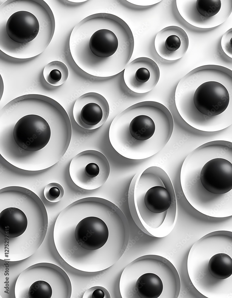 Minimalist monochrome, Black spheres in white circles modern aesthetic Minimalist monochrome, Black spheres in white circles modern aesthetic