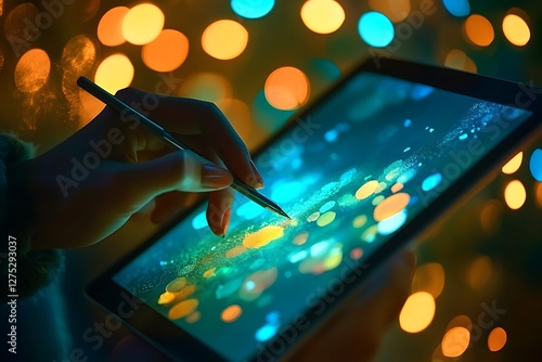 Digital art tablet, night time, bokeh lights, drawing, artist, creative work, use in creative industry photo