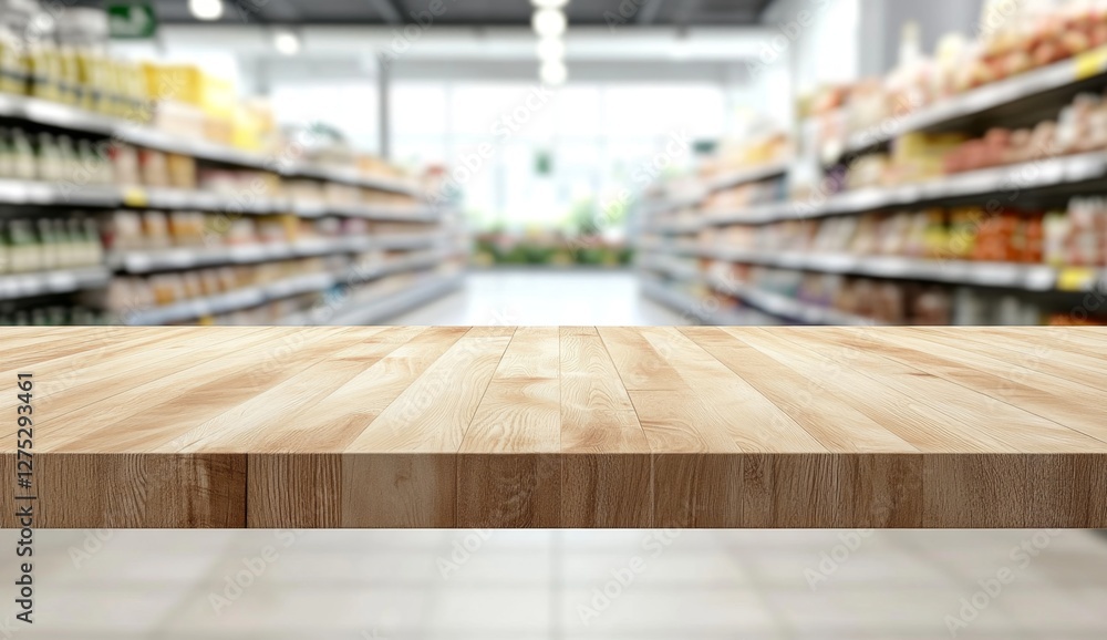 Wooden table, supermarket aisle backdrop, product display Wooden table, supermarket aisle backdrop, product display