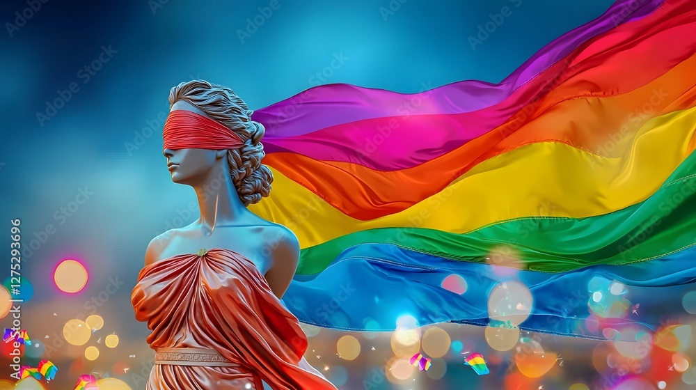 Fototapeta premium and digital depicting the allegorical figure of Justice or Justitia blindfolded and representing fairness and the law with a vibrant flowing rainbow pride flag waving dynamically behind