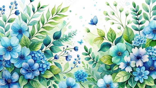 Serene Watercolor Floral Arrangement Featuring Delicate Blue Flowers and Lush Green Foliage, Perfect for Elegant Designs and Artistic Applications