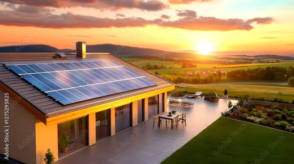 Fototapeta premium Aerial view of a contemporary eco friendly house with solar panels covering the roof set against a stunning sunset backdrop in a rural countryside landscape