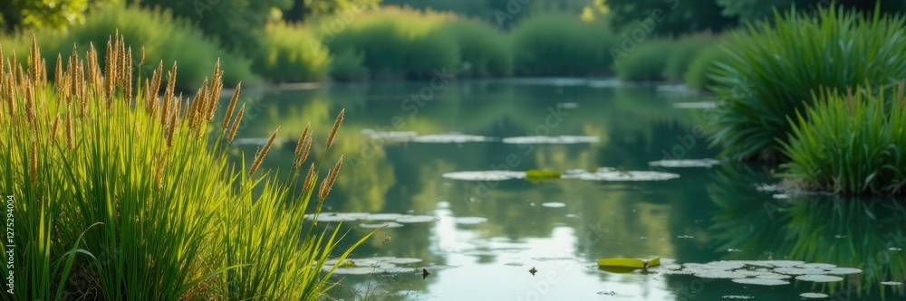 Reed fencing against a serene pond background, reeds, aquatic plants Reed fencing against a serene pond background, reeds, aquatic plants