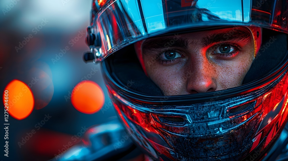 Fierce Racecar Driver Wearing Glowing Helmet Reflecting Speedway Lights Fierce Racecar Driver Wearing Glowing Helmet Reflecting Speedway Lights