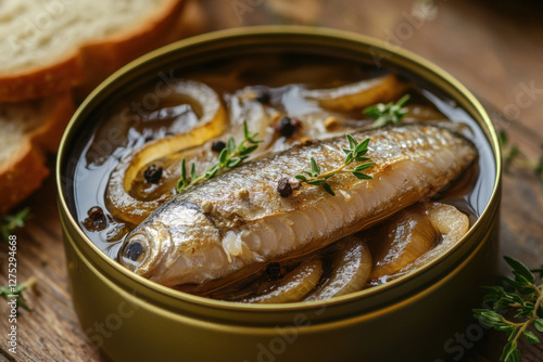 Tin of pickled herring with onion slices and herbs on wooden surface photo