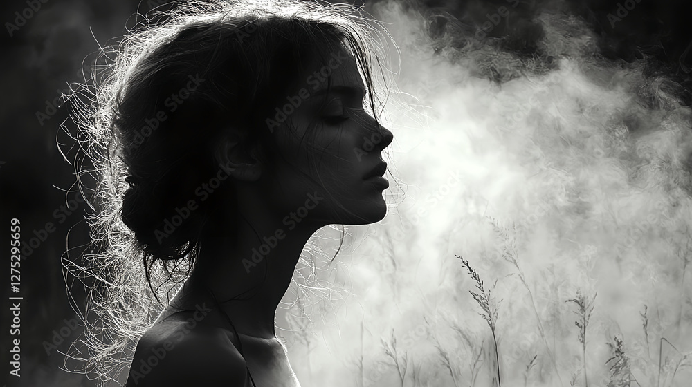 Ethereal silhouette of a woman in a misty landscape Ethereal silhouette of a woman in a misty landscape