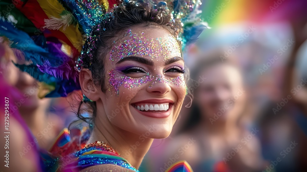 Obraz premium Radiant Close Up Portrait of a Joyful Individual Celebrating LGBTQ Identity and Pride at a Colorful Parade or Festival