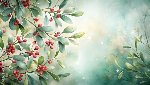 Serene Watercolor Painting of Lush Greenery and Vibrant Red Berries on Branches Against a Soft, Dreamy Background