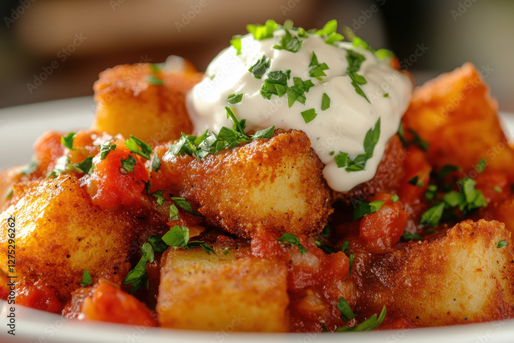 Crispy Patatas Bravas with tomato sauce, aioli, and parsley garnish Crispy Patatas Bravas with tomato sauce, aioli, and parsley garnish
