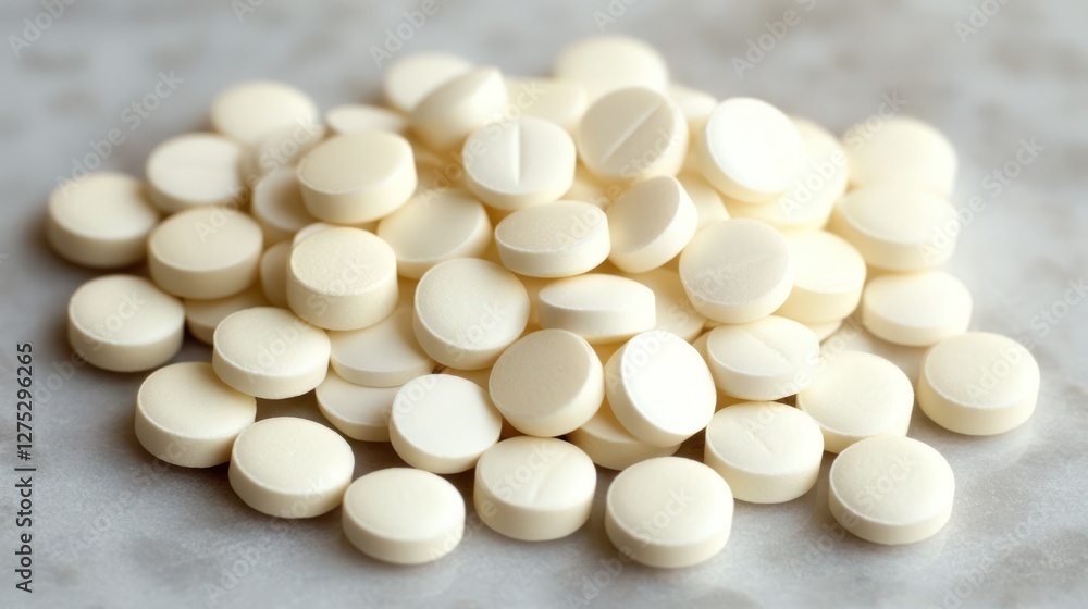 White pills pile on marble, healthcare background White pills pile on marble, healthcare background