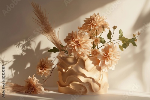 A trendy asymmetrical cream cake decorated with large, elegant flowers in soft earthy tones. Modern wedding aesthetic. Ideal for wedding inspirations, luxury bakery branding, and artistic pastry photo