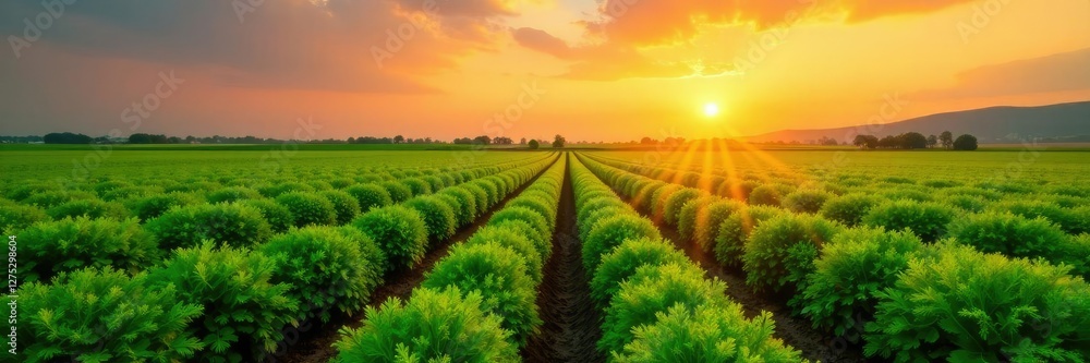 Green fields with rows of carrot crops growing in the distance during sunrise, landscape, green, farm Green fields with rows of carrot crops growing in the distance during sunrise, landscape, green, farm