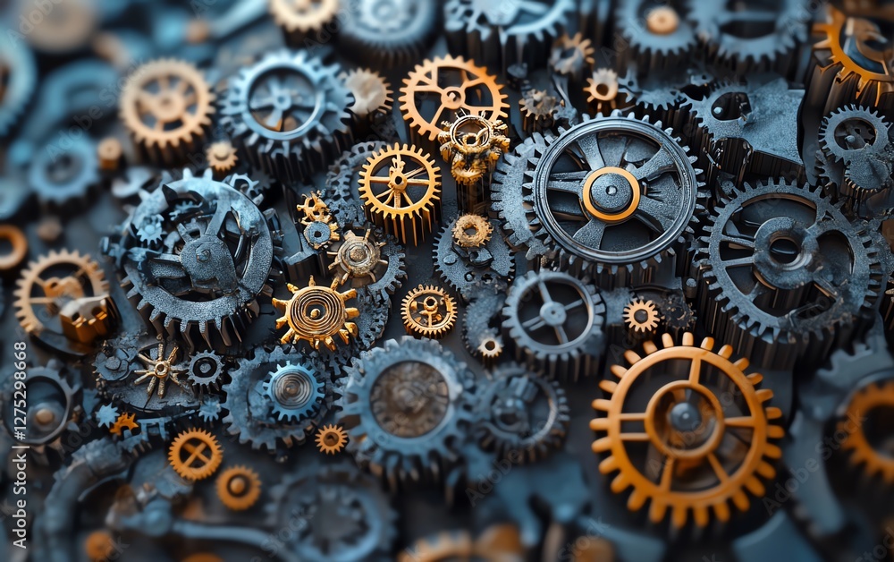 A closeup of a brain made of gears, with each gear representing a unique mental function, idea, or memory