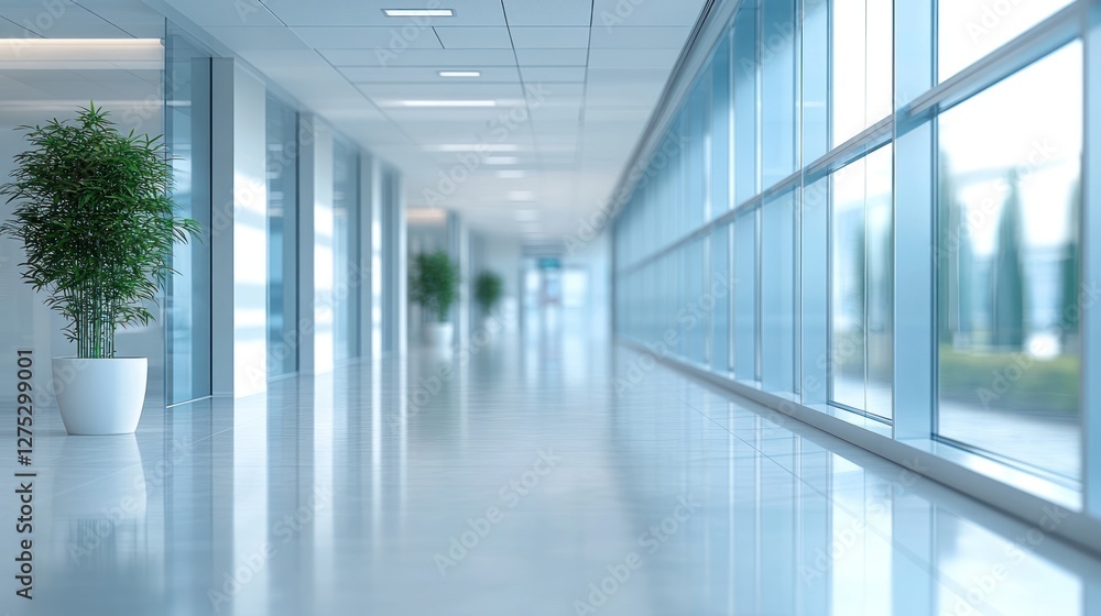 Modern office hallway, plants, windows, city view, corporate (1) Modern office hallway, plants, windows, city view, corporate (1)