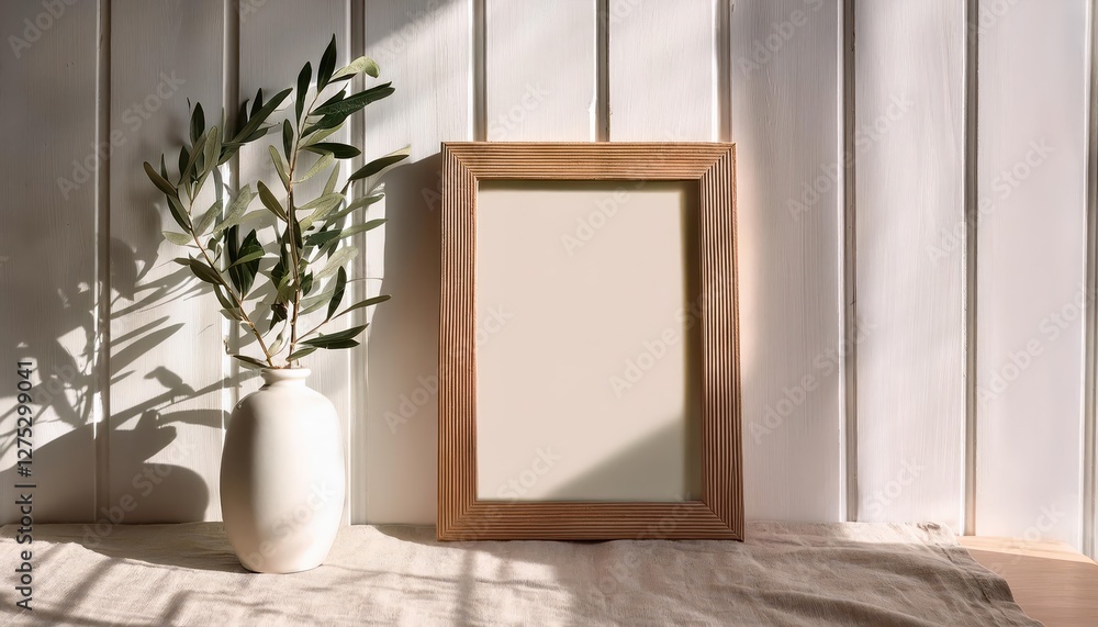 Sunlit Wooden Frame Empty Canvas with Modern Organic Vase and Olive Branch, Capturing a Fresh and Elegant Scene in Natural Light Sunlit Wooden Frame Empty Canvas with Modern Organic Vase and Olive Branch, Capturing a Fresh and Elegant Scene in Natural Light
