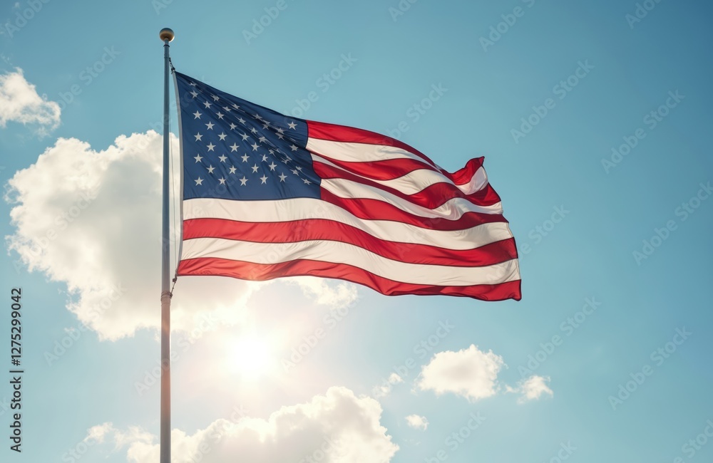 Naklejka premium USA flag waves against clear blue sky with clouds. American banner flutters wind sunlight. Symbol freedom, independence. National patriotic background for US holidays, memorial days.