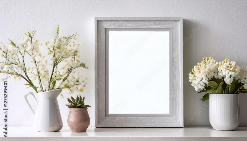 Minimalistic White Portrait Frame Mockup with Delicate Flower Arrangements in a Tranquil Interior Space, Radiating Simplicity and Elegance. Minimalistic White Portrait Frame Mockup with Delicate Flower Arrangements in a Tranquil Interior Space, Radiating Simplicity and Elegance.