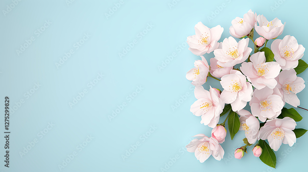 Fototapeta premium Delicate Pink Blossoms on Light Blue Background