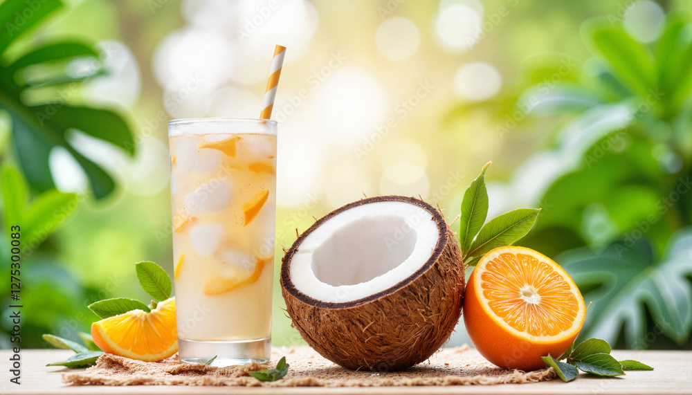 Fototapeta premium Refreshing coconut drink with orange slice and coconut against greenery